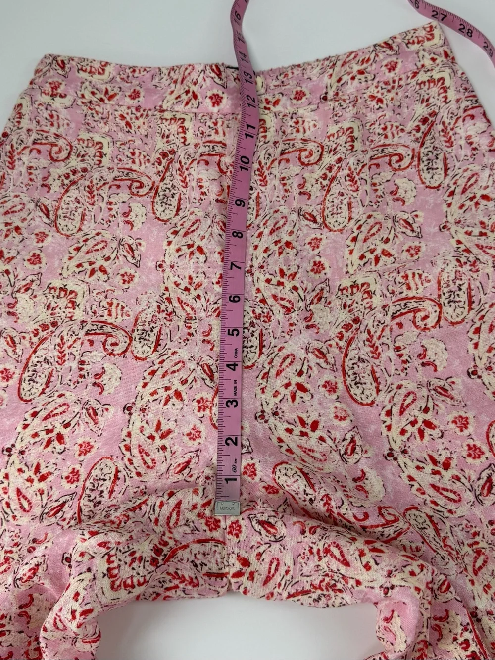 Zara Pants Womens Medium Pink Paisley Floral Linen Blend Pull On Stretch Waist